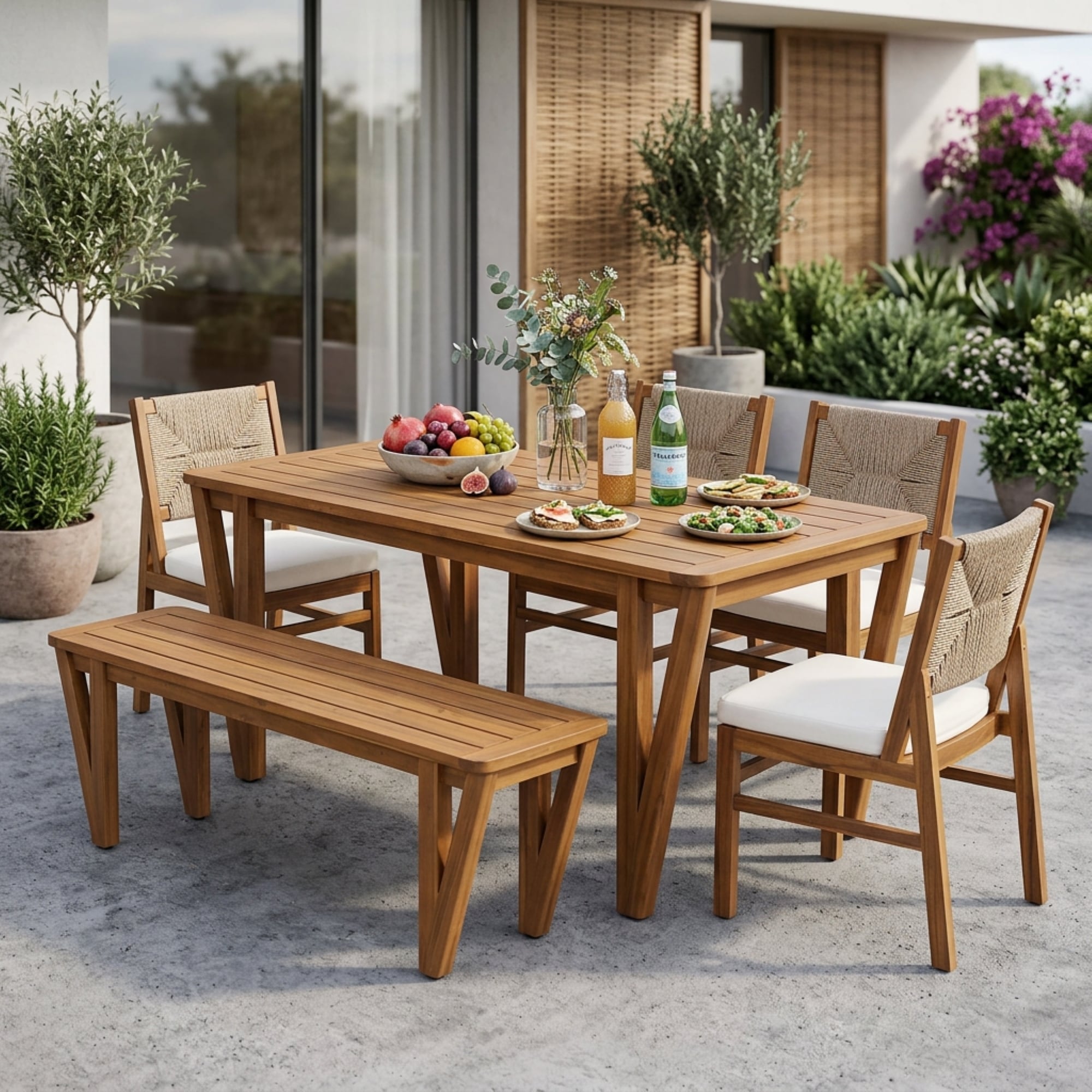 Christopher Knight Home - Hadley 6-Piece Outdoor Dining Set, V-Shaped Leg Acacia Wood Table, Dining Bench & Wicker Back Chairs
