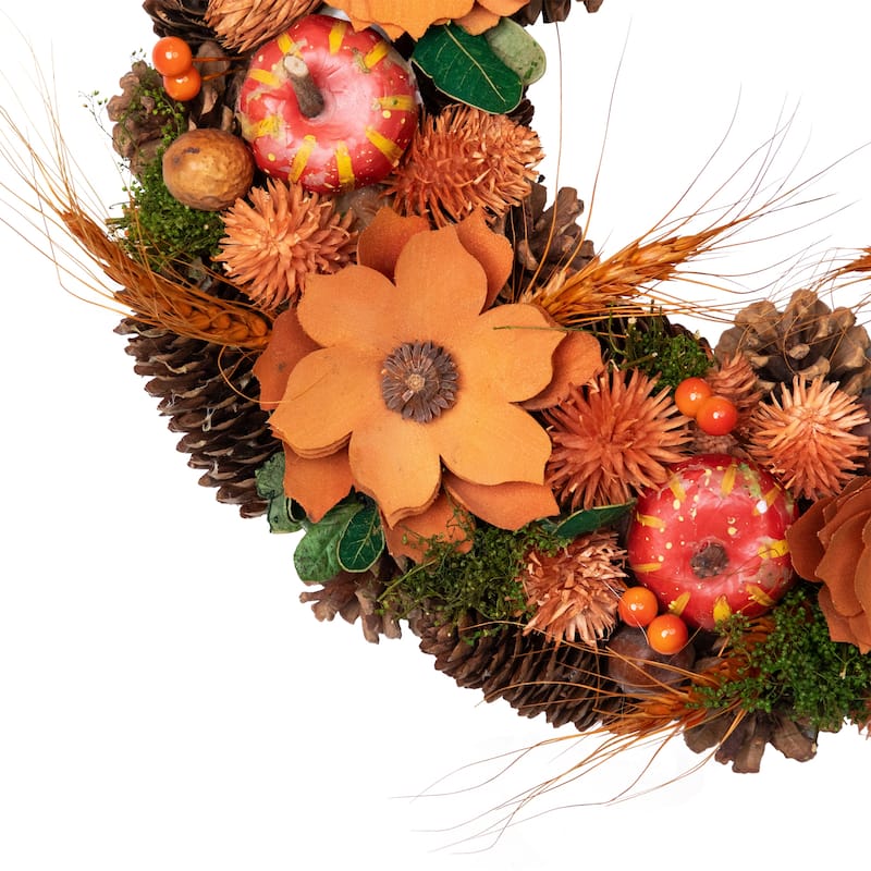 Autumn Harvest Orange Flowers Gourds Pine Cone Wreath 13.25 Inch Unlit