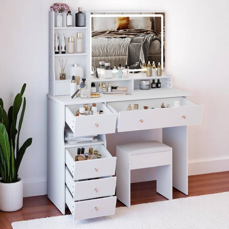 Modern Makeup Vanity Table with 27"x20" Lighted Mirror, 41" Wide Desktop, Left Drawer and Stool, Ideal for Large Rooms