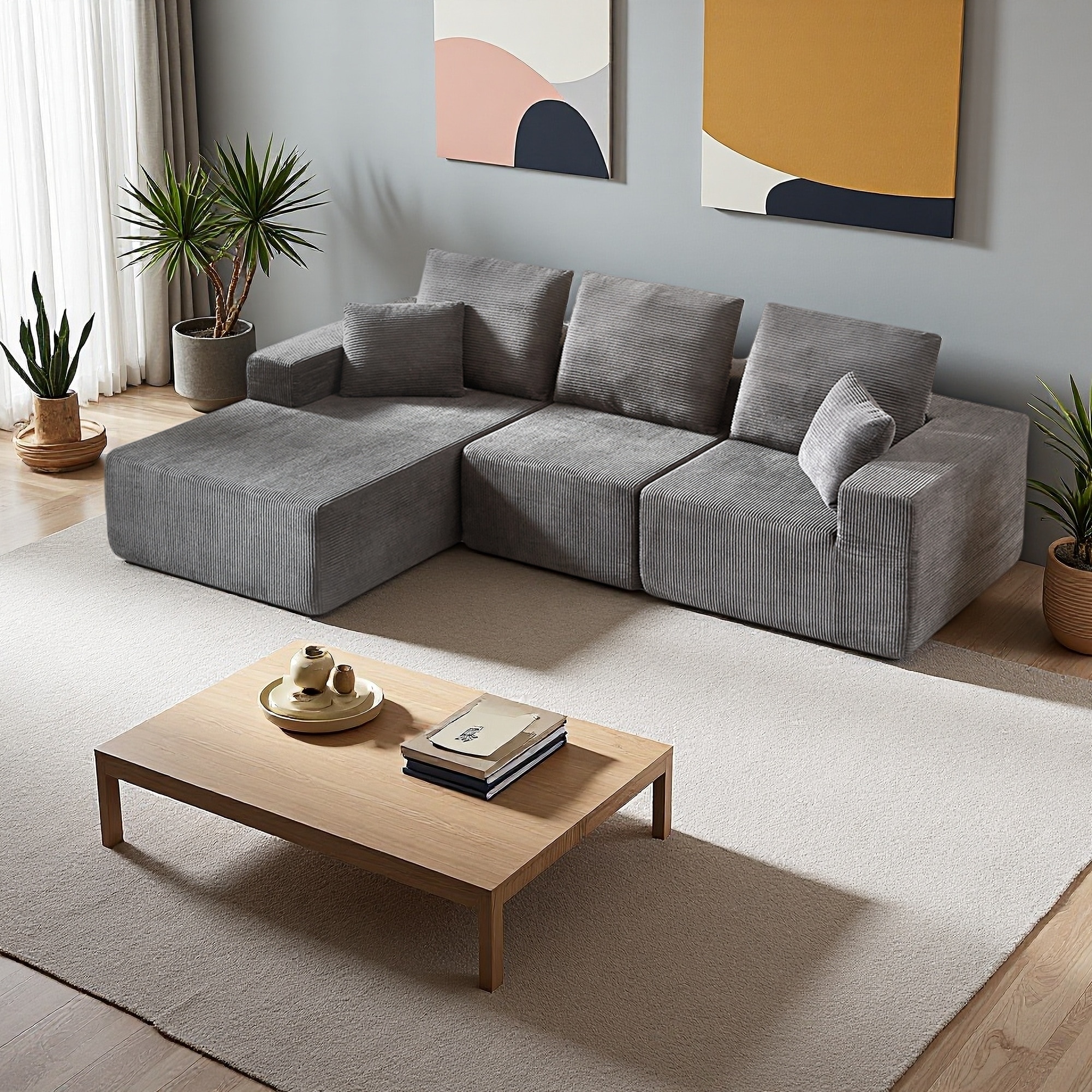 108.3" Corduroy L-Shaped Sectional Sofa with Chaise Lounge and No Assembly Required