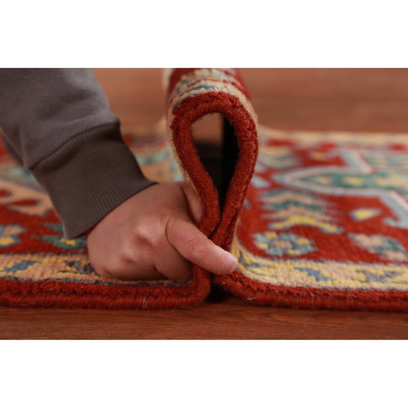 Red Geometric Khotan Indian Runner Rug Hand-Knotted Wool Carpet - 2'7"x 7'8"