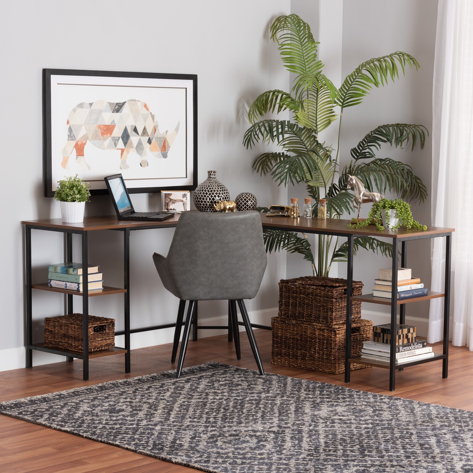 Lydia Modern Walnut Brown Finished Wood and Black Metal L Shaped Corner Desk with Shelves