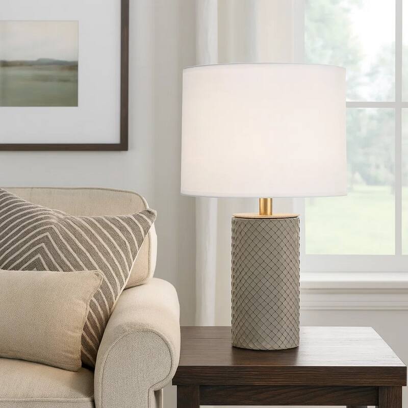 Myn Table Lamp, 18 Inch, White Linen Drum Shade, Gray Leather Base