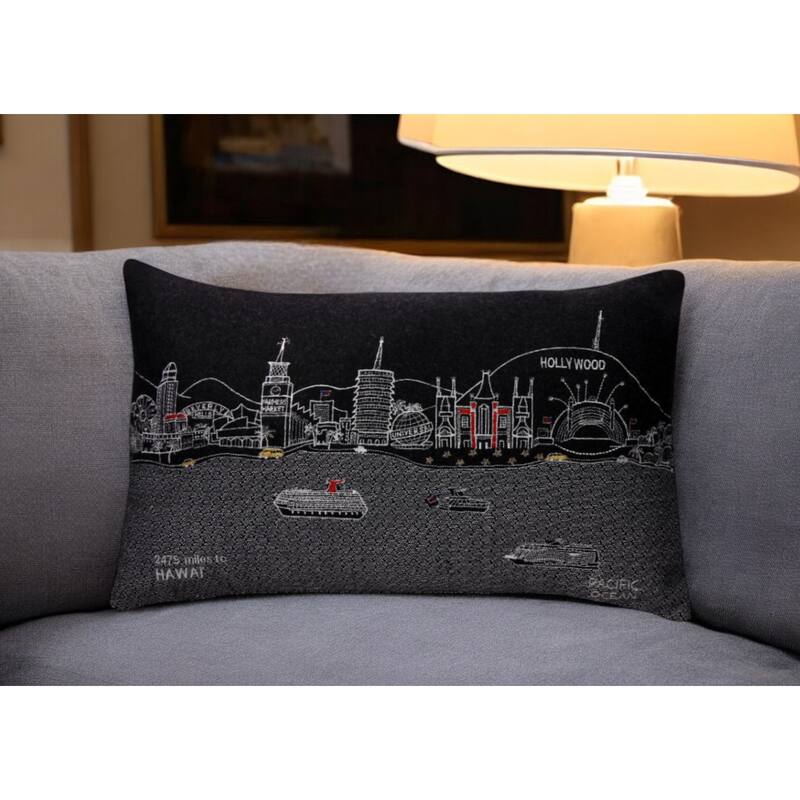 HomeRoots 25" Black Los Angeles Nighttime Skyline Lumbar Decorative Pillow - Bed Rest - Polyester