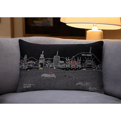 HomeRoots 25" Black Los Angeles Nighttime Skyline Lumbar Decorative Pillow