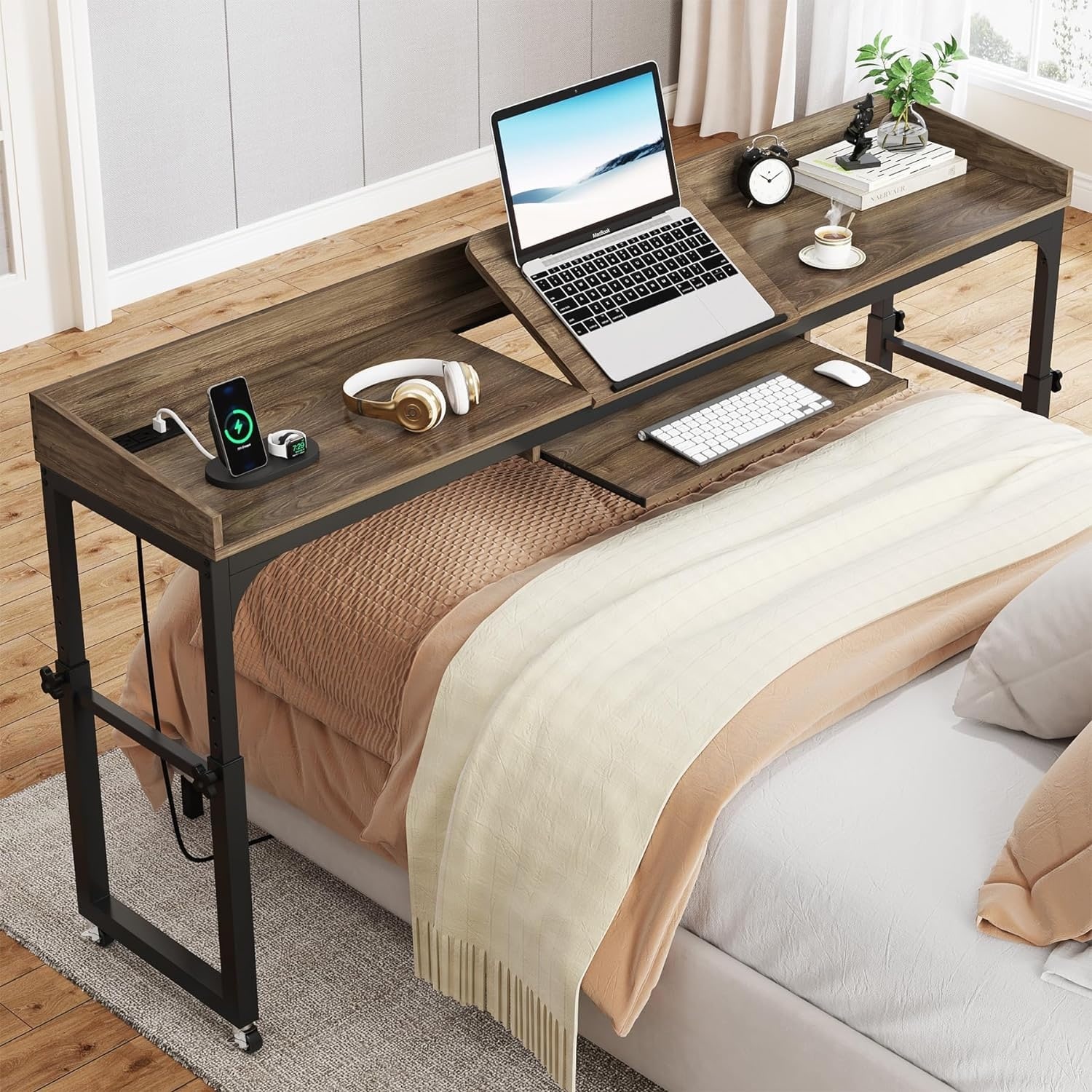 Height Adjustable Overbed Table with Wheels, Mobile Laptop Cart with Outlets & USB Ports