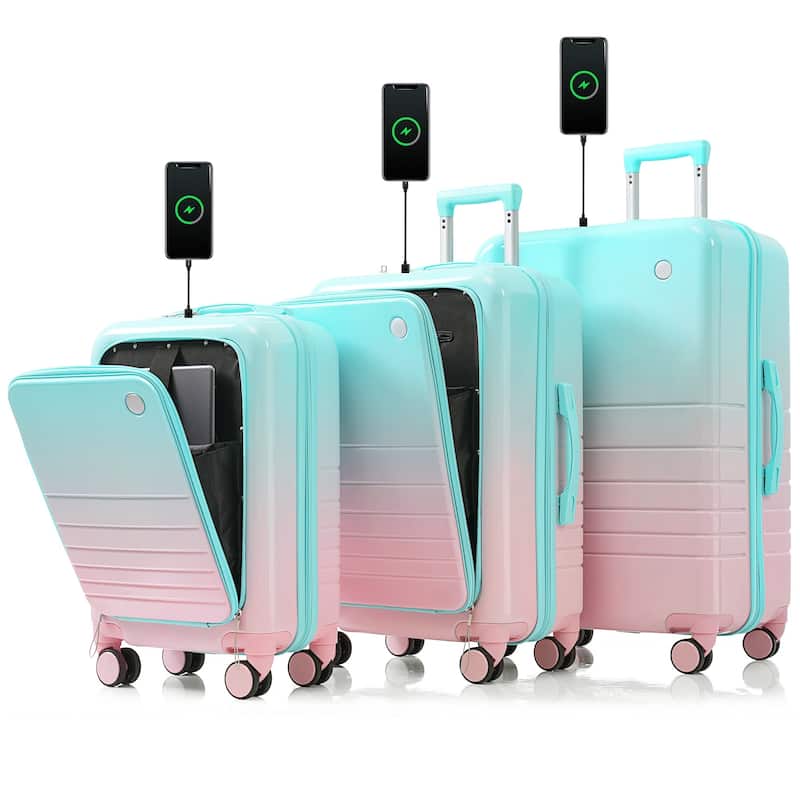 High Quality Front Opening Luggage Sets 3 Piece, ABS+PC Hard Carry on Suitcase with USB Port and Cup Holder & Spinner Wheels - Light Blue