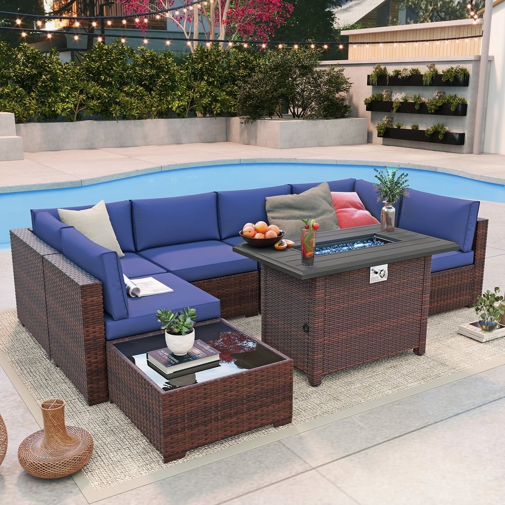 Outdoor 8 Pieces Sectional Wicker Sofa Set with Fire Pit