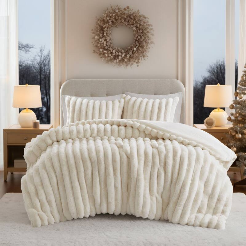 Madison Park Jasmine Ultrasoft Faux Fur Ribbed Comforter Set - Ivory - King