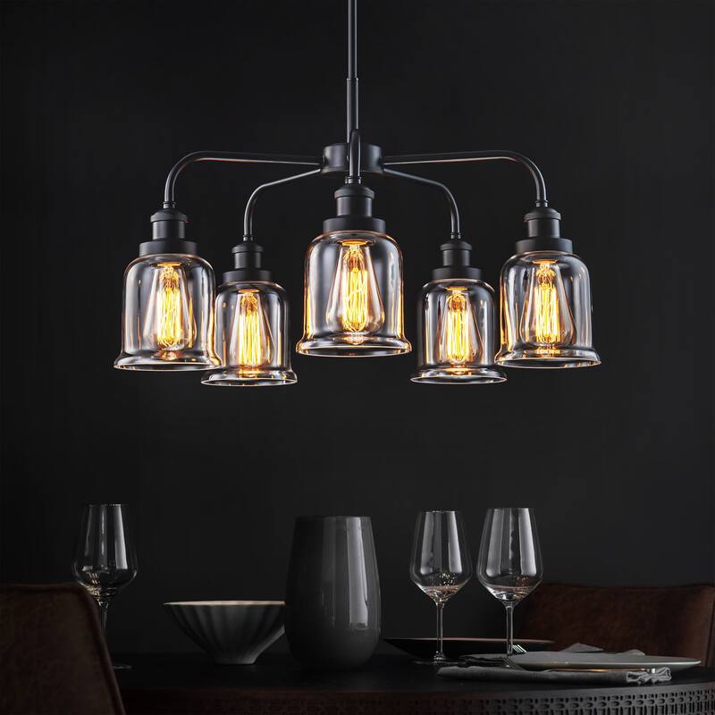 5-Light Mid-Century Modern Matte Black Linear Sputnik Clear Glass Chandelier - 22.05 in. W x 14.37 in. H