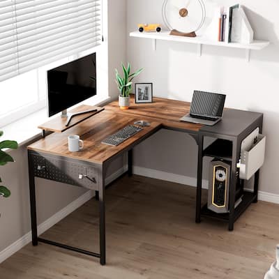 60" L-shaped Computer Desk Home Office Study Writing Desk with Monitor Stand and Storage Shelf
