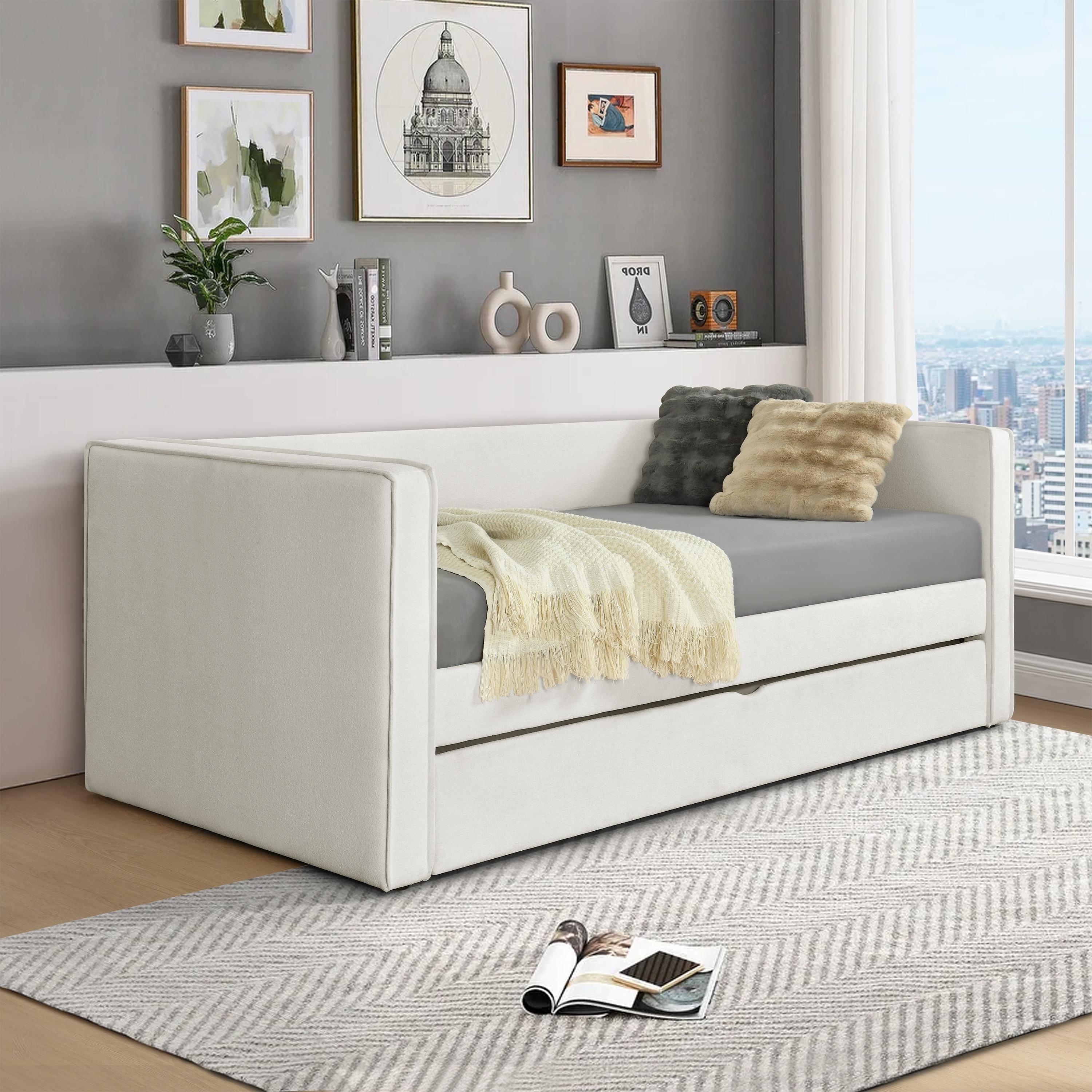 Linon Lukins Cream Upholstered Daybed with Trundle