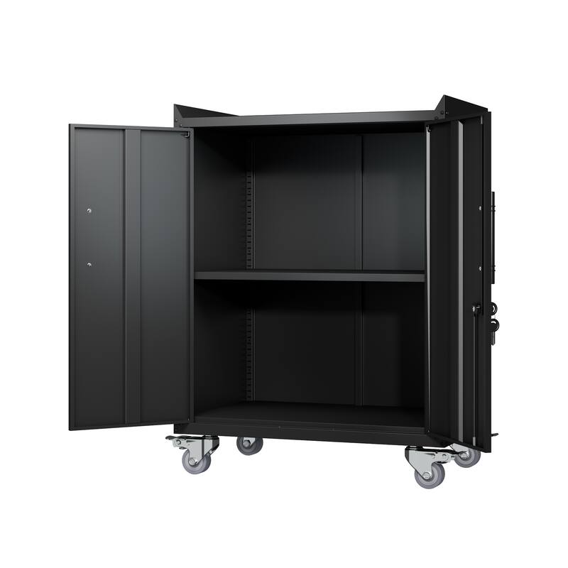Black Metal Rolling Garage Storage Cabinet with Adjustable Shelves and Lockable Door - 30.31 x 18.11 x 35.40 in (L x W x H)