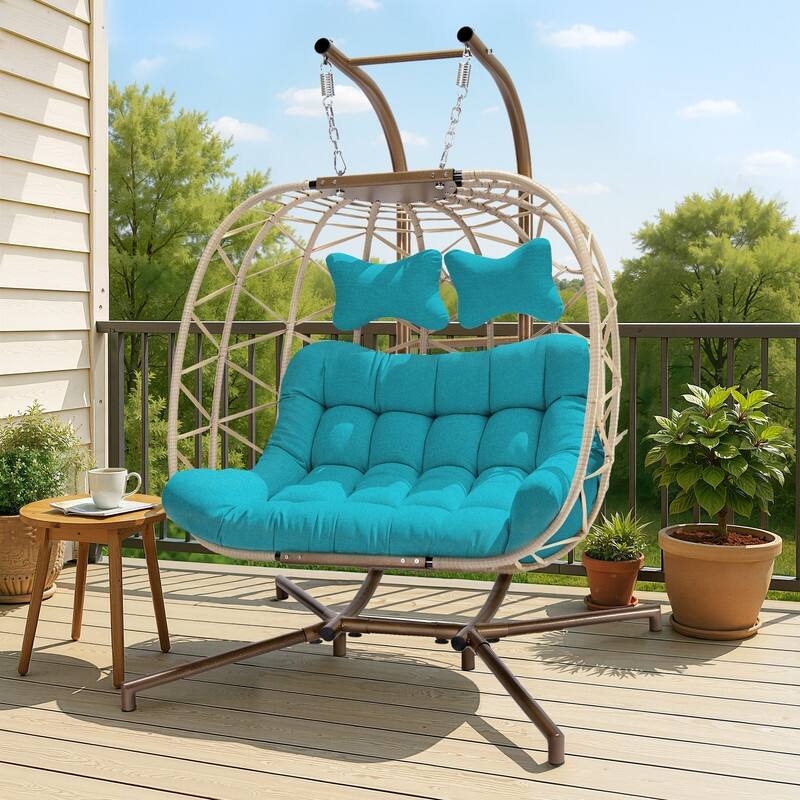 Oversized Outdoor Double Egg Hanging Chair with Cushions, 700 lbs Capacity Swing Chair for Indoor or Patio