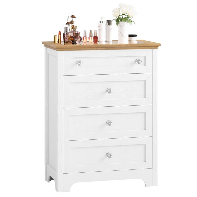 White 4-Drawer Dresser with LED Light, Nightstand Cabinet with Glass Top and Night Light
