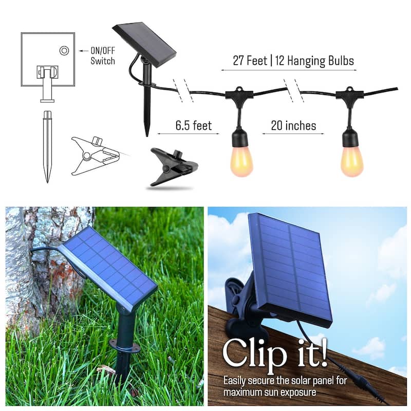 Brightech Ambience Pro 12-Light 27 ft. Outdoor Solar 1W 2700k LED S14 Hanging Edison Flame Bulb String-Light