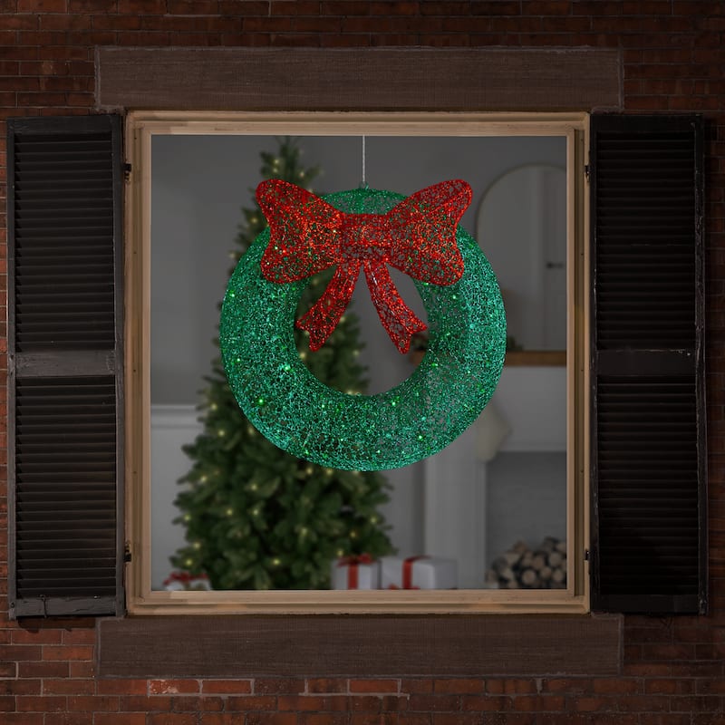 24" LED Lighted Green Glitter Wreath with Red Bow Outdoor Christmas Decoration