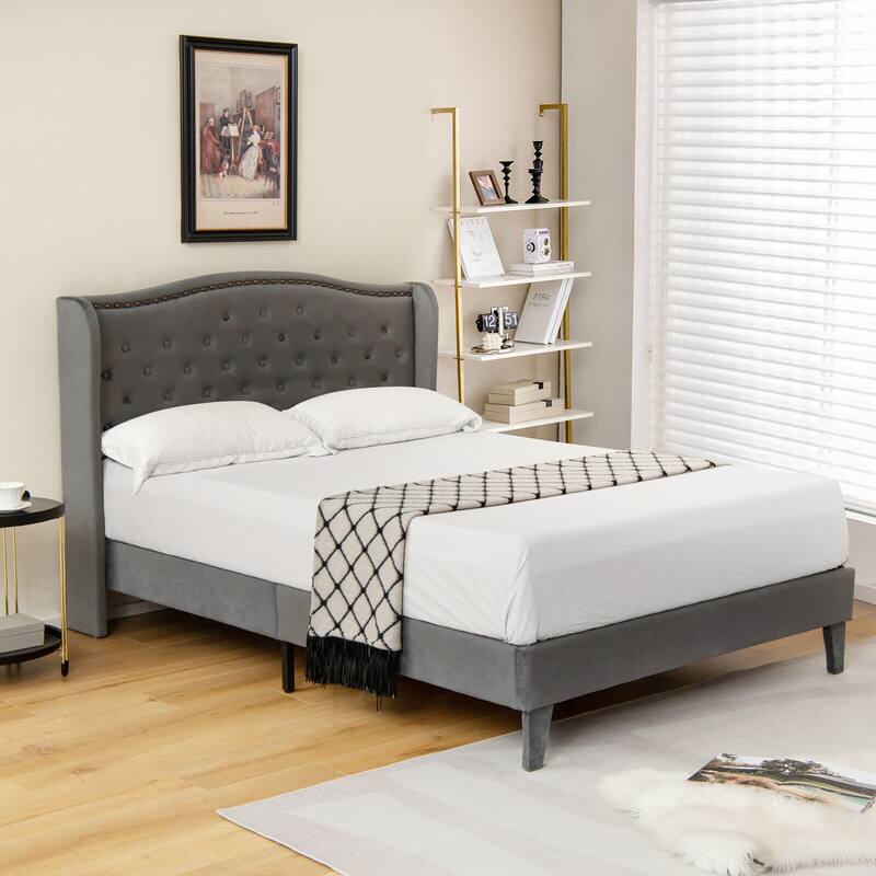 Gymax Queen Upholstered Platform Bed Frame w/ Button Tufted Headboard