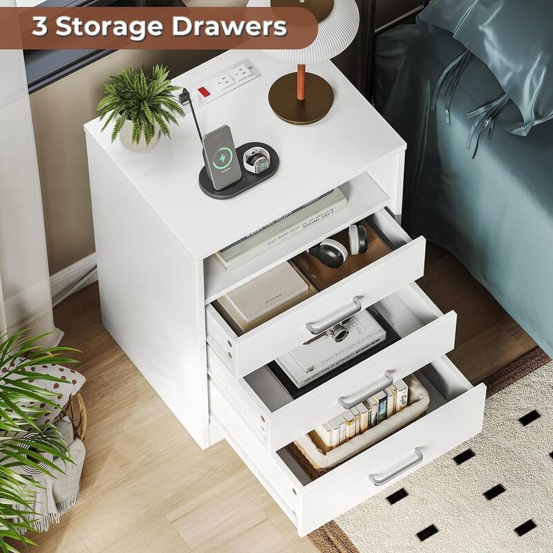 Nightstand 3 Drawers Open Storage Charging Station