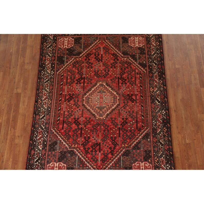 Red Qashqai Persian Vintage Area Rug Handmade Wool Carpet - 5'2"x 7'8"