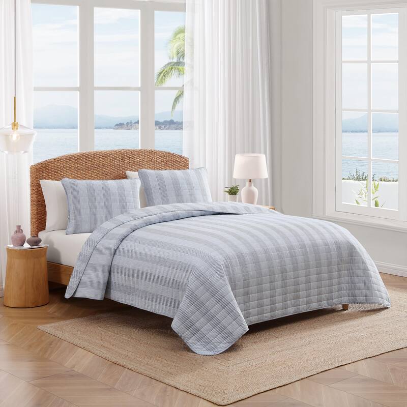 Tommy Bahama Bahama Weekend Stripe Cotton Reversible Blue Quilt Set