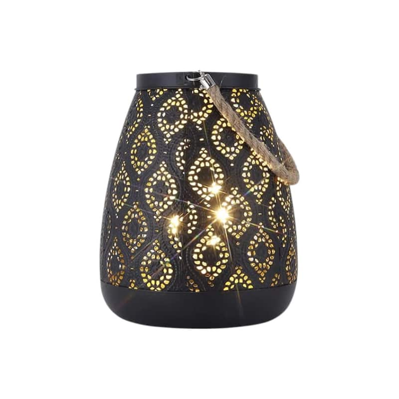 HomeRoots 8" Black Metal Battery Operated Pierced Geometric Lantern - 6.30 in. x 7.87 in. x 6.30 in.