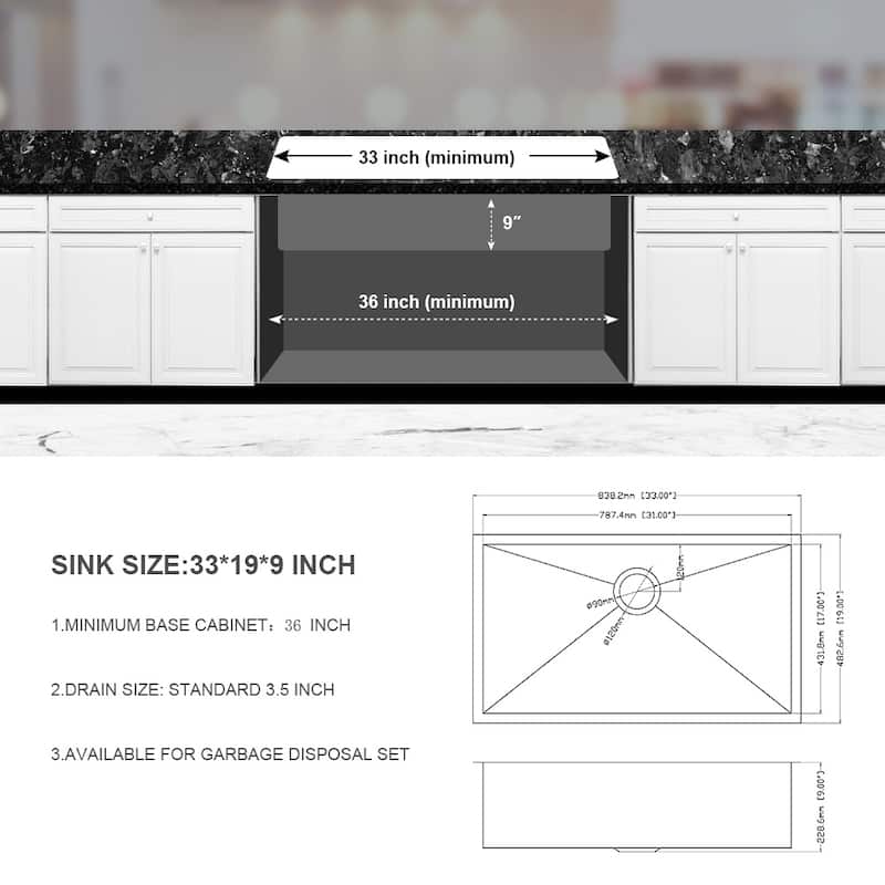 33" W x 19" D Stainless Steel Single Bowl Kitchen Sink - 33" x 19"