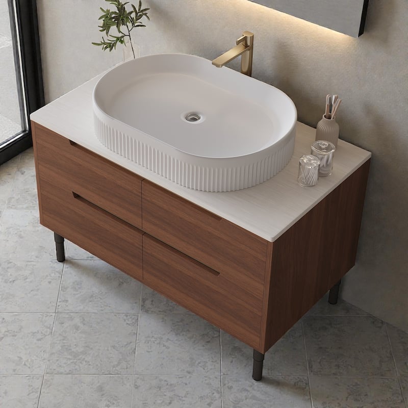 36" Bathroom Vanity with Integrated Ceramic Sink, Freestanding or Wall Mounted Cabinet with Soft-Close Drawers