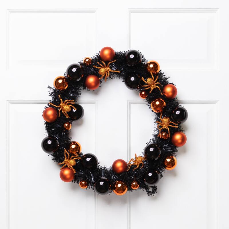 Spiders and Ornaments Halloween Wreath - 18" - Orange and Black - Unlit