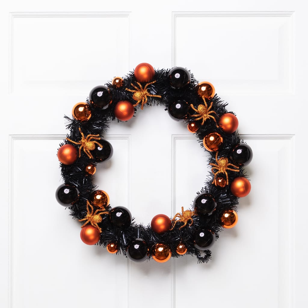 Spiders and Ornaments Halloween Wreath - 18" Orange and Black - Unlit