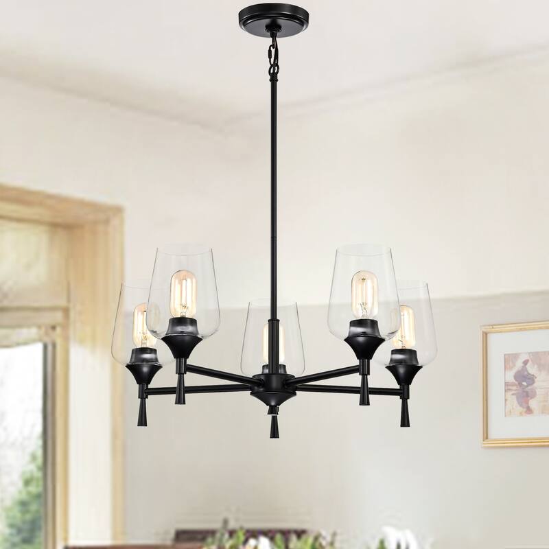 Matte Black 5-Light Modern Chandelier with Clear Wine Glass Shades