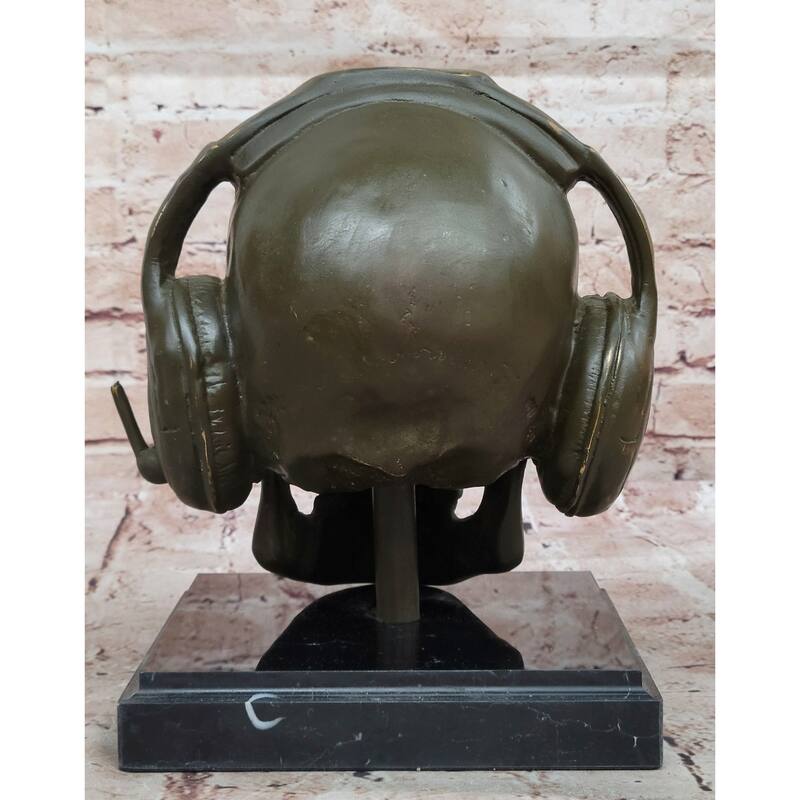 Skull With Headphones Bronze Sculpture - Modern Gothic Music Art