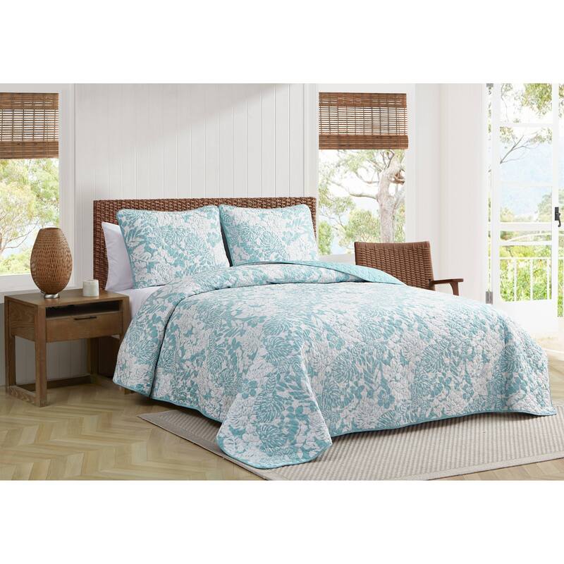 Tommy Bahama Laguna Beach Floral Print Reversible Cotton Quilt (Blue, 3 Piece Set)
