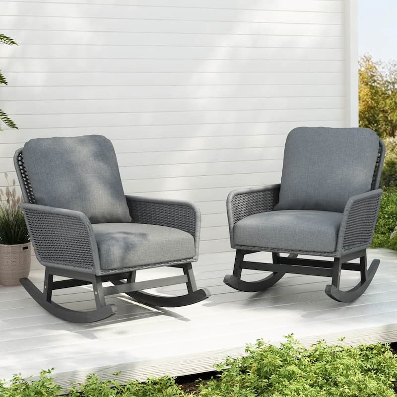 2-Piece Indoor Outdoor Wicker Rocking Chairs with Cushions, Wood Frame - Grey