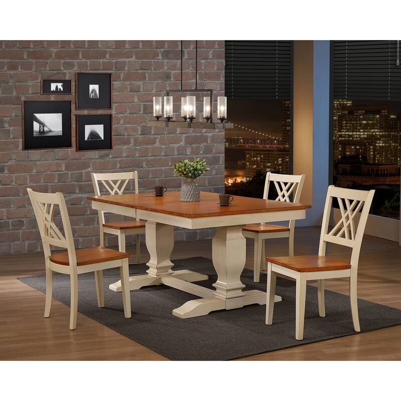 Double Transitional Pedestal Antiqued Caramel/Biscotti Double X-Back 5-Piece Dining Set