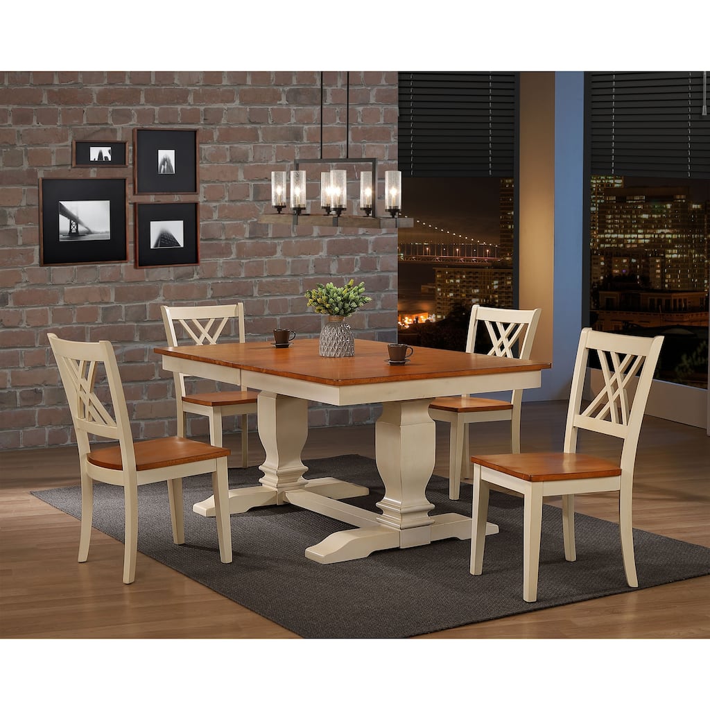 Double Transitional Pedestal Antiqued Caramel/Biscotti Double X-Back 5-Piece Dining Set