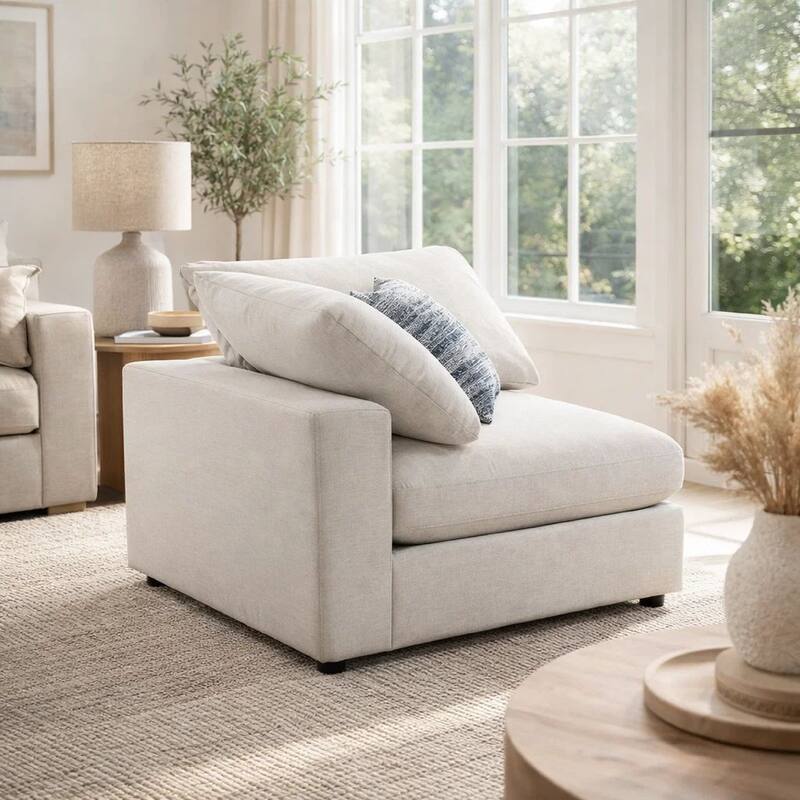 Fabric Upholstered Wooden Corner Chair with Loose Cushion Seat, Beige