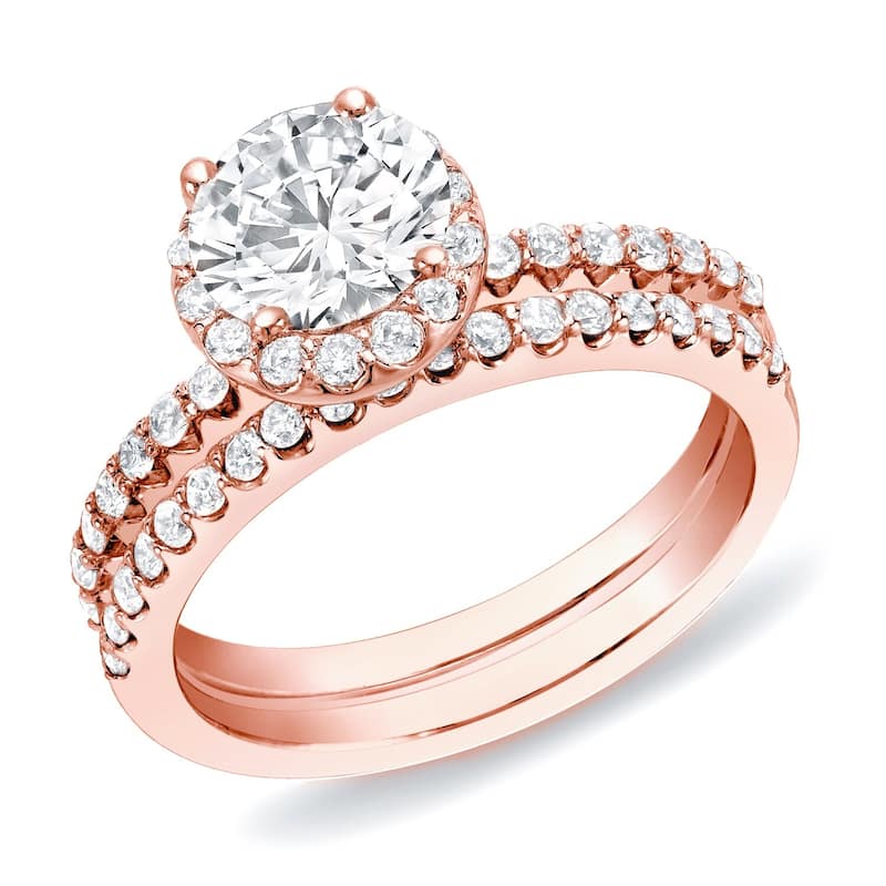 Auriya 14k Rose Gold 1 1/4ctw Round Diamond Halo Engagement Ring Set - 4