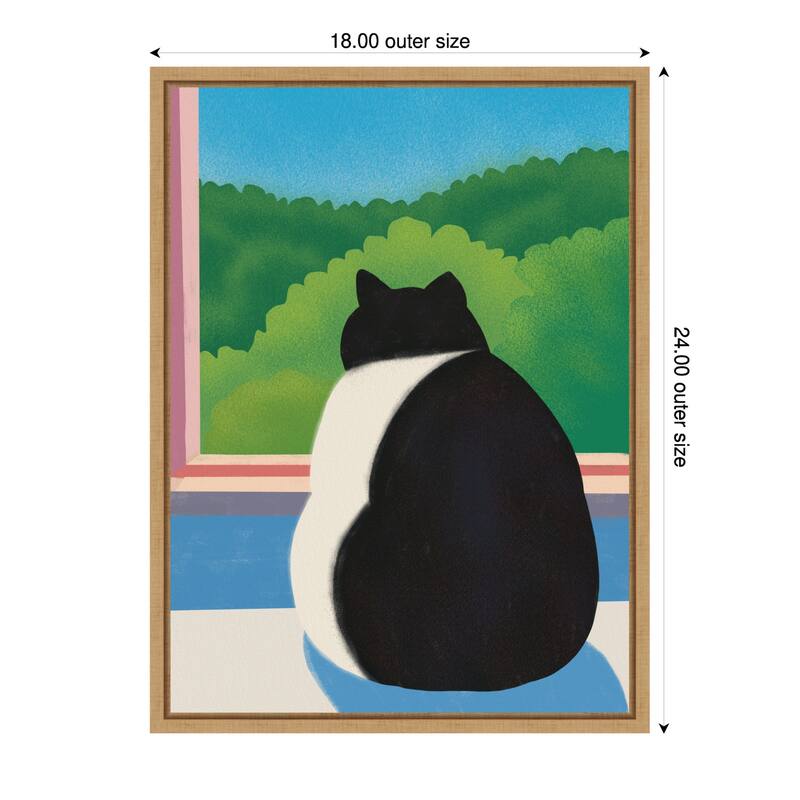 Fat Cat Looking out the Window by Little Dean Framed Canvas Wall Art - 18 x 24 in