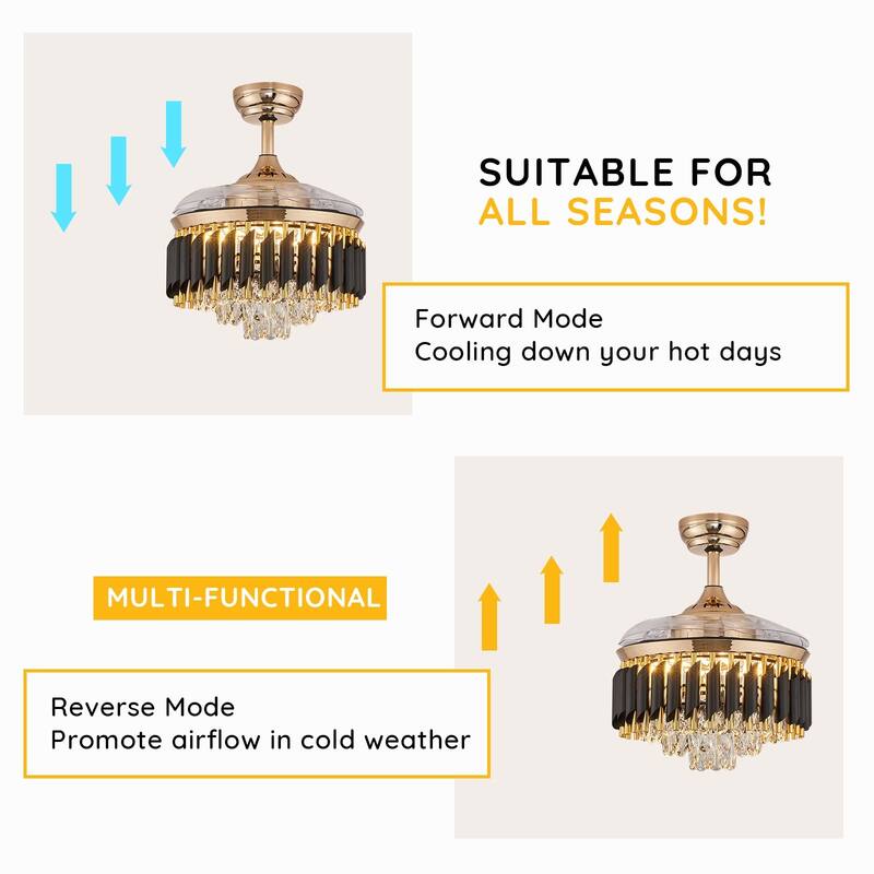 Modern Gold Black Retractable Crystal Ceiling Fan With Lights, Dimmable LED Luxury Chandelier Ceiling Fan With Remote Control