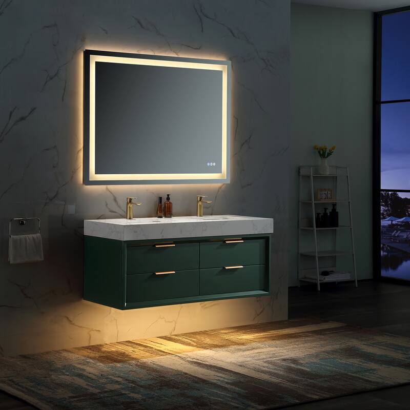 36/48/60 Modern LED Floating Bathroom Vanity with Single/Double Sink & Soft-Close Drawers & Waterproof, Green