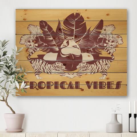 Designart 'Tropical Vibes Of Pretty Woman With Palm Leaves Flowers And Tigers' Modern Print on Natural Pine Wood
