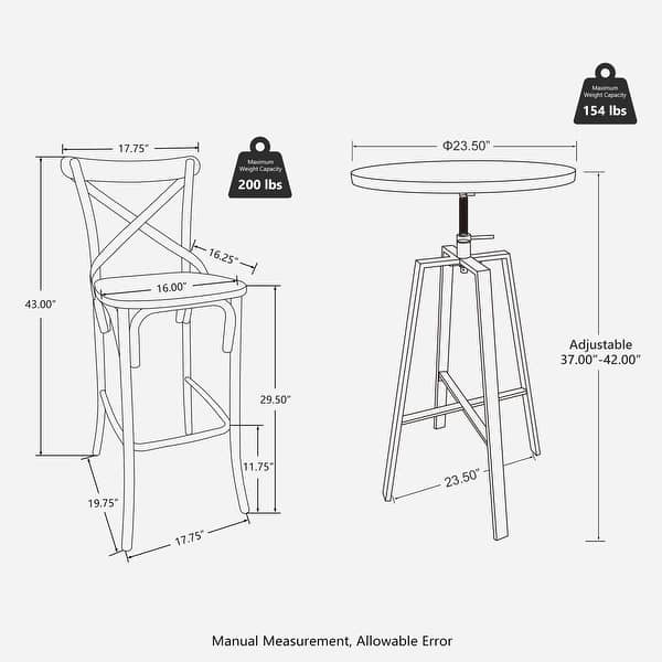 dimension image slide 1 of 6, Glitzhome Industrial Modern Adjustable Bar Table Rustic Steel 3-Piece Pub Sets