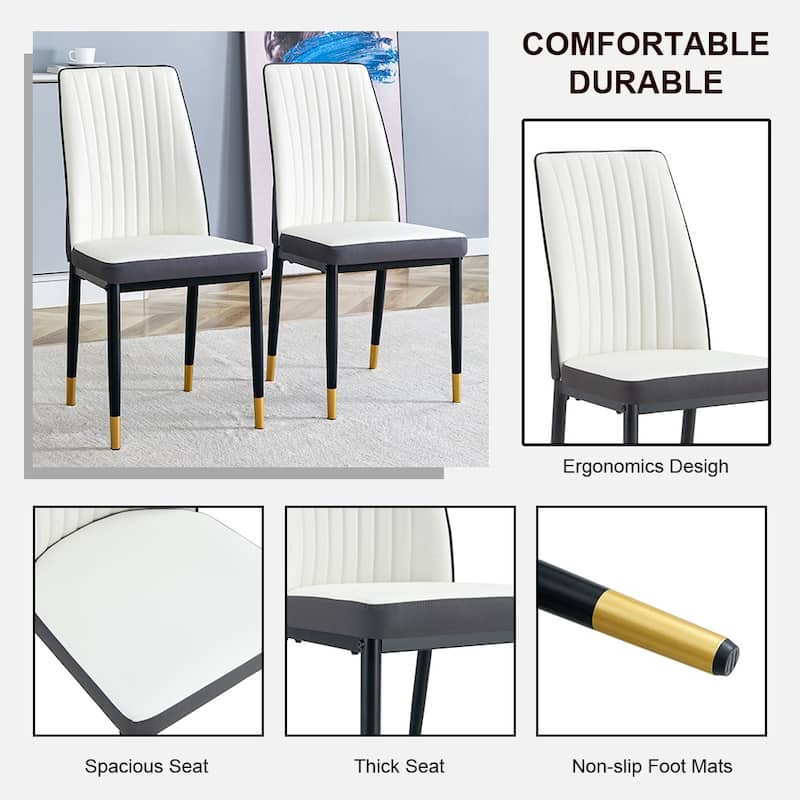 4 Dining Chair Set, White + Grey Dining Chair Set, High Back Seat in PU Material and Sturdy Black Leg Chair for Dining Room
