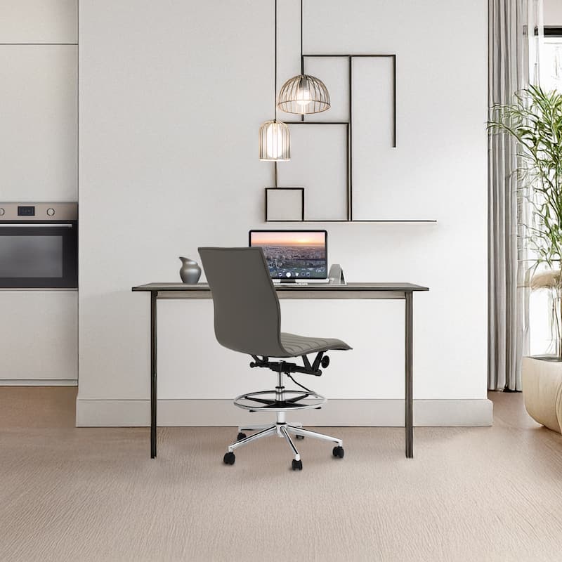 Modern Drafting Chair Upholstered PU Leather Ribbed Armless Mid Back with Tall Adjustable Base & Leg Rest