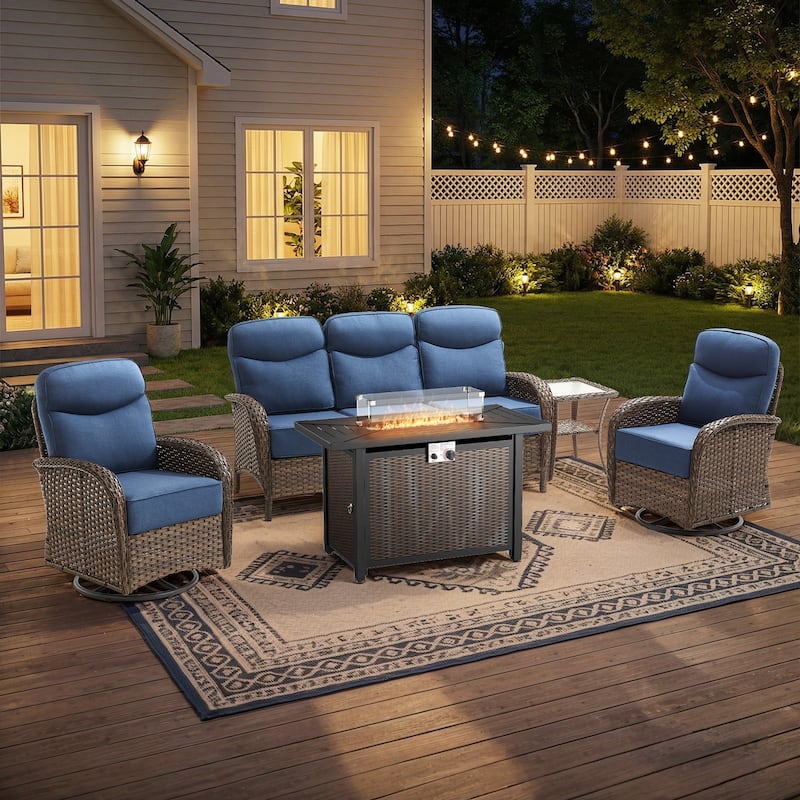 Pocassy Outdoor Sofa Swivel Chair and Ottman with Fire Pit Table - Brown Wicker Blue Cushion - 5PCS Sofa Swivel Chiar w/ Rectangle Fire Table