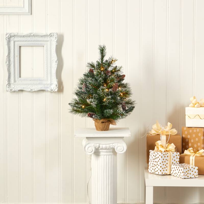 2’ Pre-Lit Frosted Pinecones and Burlap Artificial Christmas Tree, Clear LED Lights - 2 Foot
