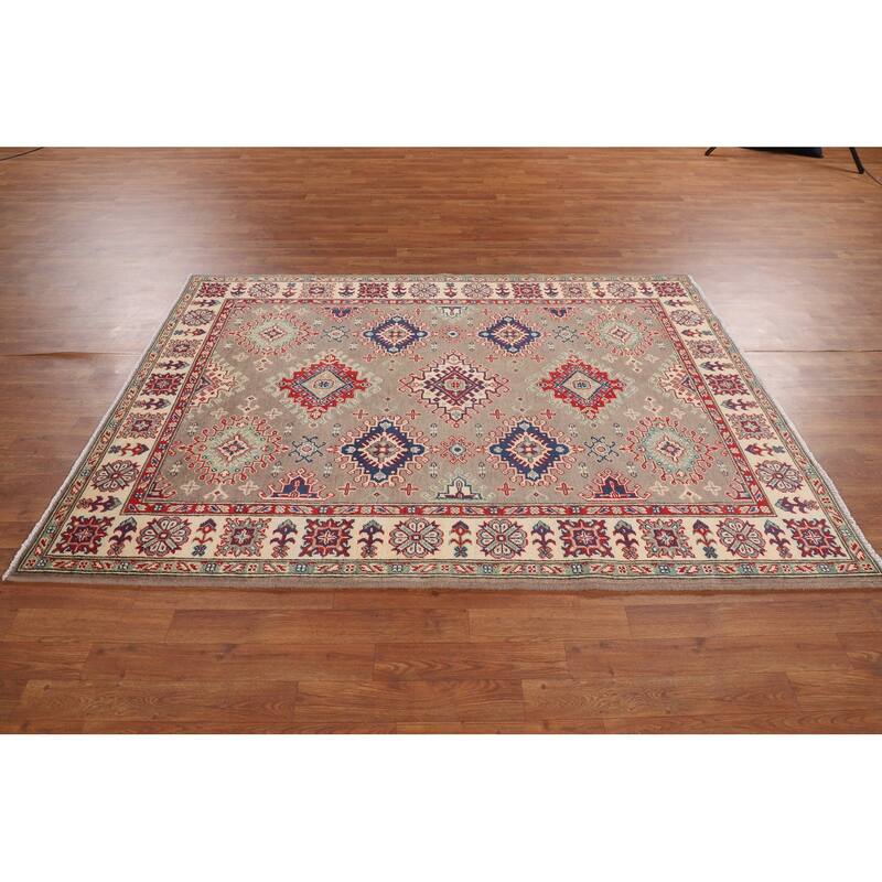 Geometric Kazak Oriental Area Rug Hand-Knotted Traditional Wool Carpet - 5'0" x 6'9"