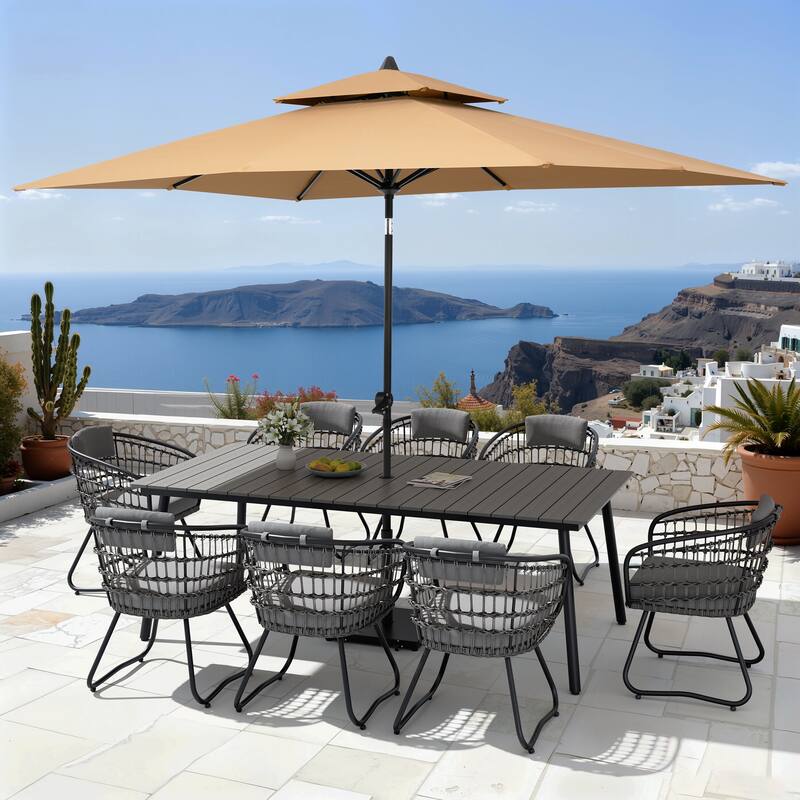 11PC Outdoor Patio Dining Set WoodLike Aluminum Umbrella Hole Table with Rattan Chairs,Double Top Market Umbrella and Wheel Base - GreyTable&GreyChairs