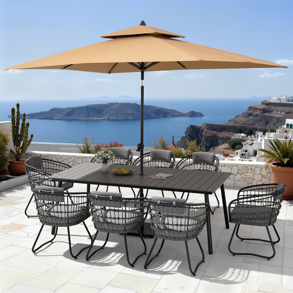 11PC Outdoor Patio Dining Set WoodLike Aluminum Umbrella Hole Table with Rattan Chairs,Double Top Market Umbrella and Wheel Base